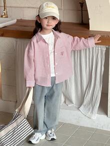 DAZY Young Girl Striped Drop Shoulder Long Sleeve Single-Breasted Casual Pocket Shirt - Pink - View 4