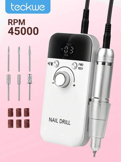 Teckwe 专业可充电式45000转/分钟美甲钻，便携式电动打磨机，丙烯酸凝胶研磨工具，配有6个钻头和砂带，适用于美甲、修脚、雕刻、抛光，沙龙及家庭使用