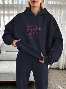 EURMUSE Women's Letter Graphic Raglan Sleeve Hoodie And Sweatpants Casual Loose 2 Pieces Set, Autumn/Winter - Navy Blue - View 4