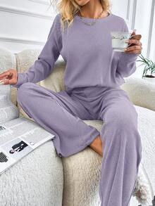 SHEIN Plus Size Women Solid Color Casual Drop Shoulder Tee & Wide Leg Pants - Lilac Purple - View 4