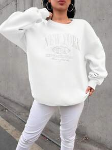 EURMUSE Letter Embroidery Warm Lined Sweatshirt - White - View 5