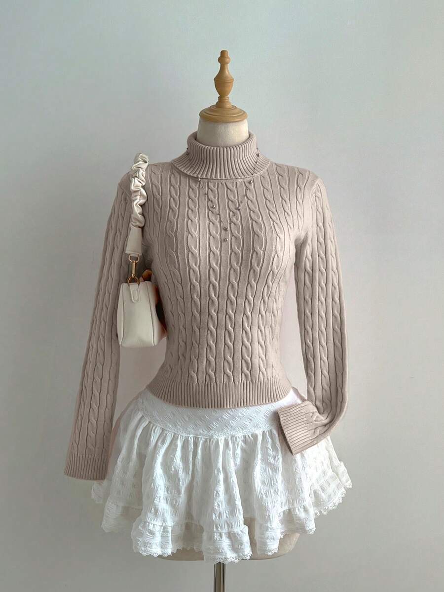 Flirla Sweater Rajut Kasual Kerah Tinggi dengan Tali Serut untuk Wanita/Anak Perempuan - Aprikot - View 1