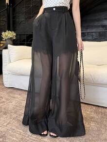 DAZY Pantalones ligeros de unicolor casuales de 2 en 1 transparentes para primavera/verano para mujer - Negro - Ver 2