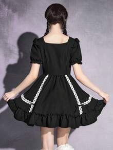 ROMWE Goth 女士哥特式爱心A字荷叶边洛丽塔连衣裙 - 黑色 - 查看 3