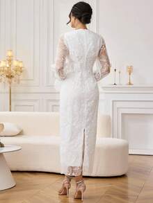 Modelyn Elegant Embroidered Waist Fitted Straight Midi Dress For Women - Pearl White - View 2