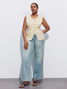 Maija 大码女装夏秋季休闲纯色前开襟无袖针织上衣，商务休闲都市通勤办公服，教师毛衣背心开衫 - 米色 - 查看 8