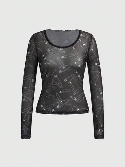 Grunge Punk Top corto ajustado de malla transparente con estampado de remaches estilo Y2K para mujeres