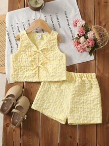 Young Girl 2pcs/Set Cute Casual Vacation Yellow Jacquard Bow Tie Camisole Top And Shorts Set, Spring/Summer - Yellow - View 6