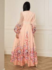 Lilora Elegantes hochwertiges, zart bedrucktes Maxikleid mit Blumenmuster für Frauen, mit Taillengürtel, V-Ausschnitt, Strass-Dekor, Rüschensaum und Puffärmeln