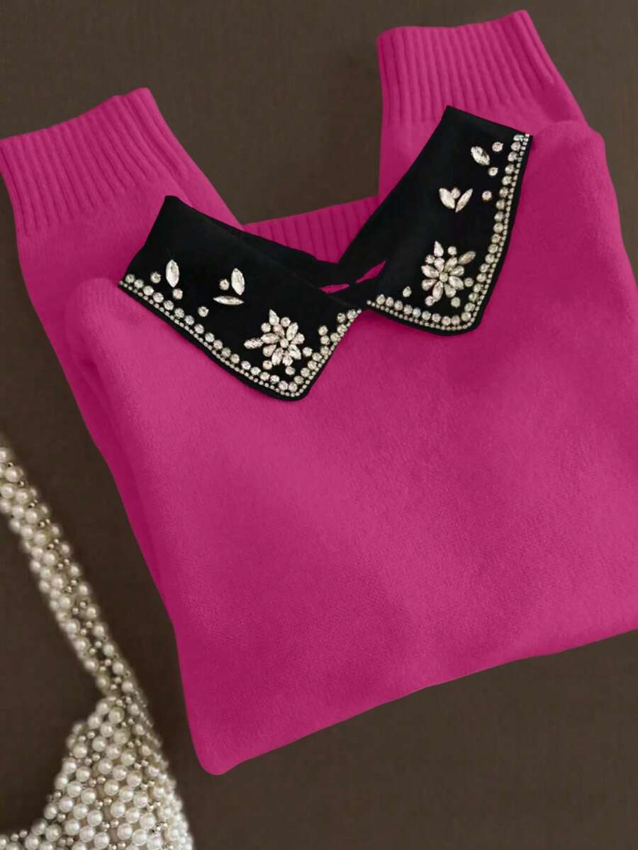Franclia Vintage élégant pull tricoté 2 en 1 avec décoration de diamant, col, manches longues, porter décontracté tous les jours, retour à l'école, automne/hiver - Rose vif - Voir 1