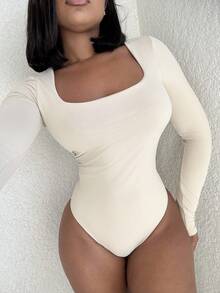 Alexandranx Women's Casual Solid Color Square Neck Long Sleeve Bodysuit - Beige - View 4