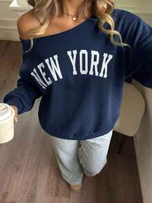 SHEIN Teen Girls Off-Shoulder Letter Print Navy Blue Sweatshirt And Grey Flare Pants Set, Autumn/Winter Outfit - Navy Blue - View 4