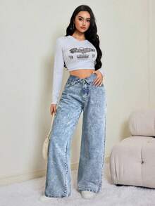 SHEIN Tall Quần jeans ống rộng cạp gập đơn giản cho nữ - Rửa nhẹ - Xem 3
