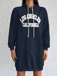 Cottnline Cotton Letter Graphic Kangaroo Pocket Drop Shoulder Drawstring Hooded Sweatshirt Dress - Navy Blue - View 4