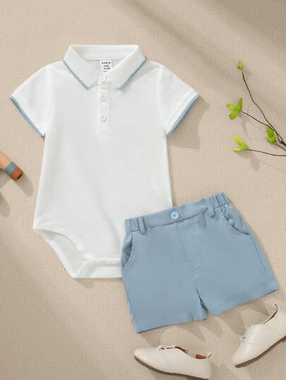 Souflis Souflis 2pcs/Set Newborn Baby Boy White Short Sleeve Polo Bodysuit & Light Blue Shorts, Suitable For Casual, Home, Play And More Occasions Baby Boy Summer Sets Baby Boy Short Sleeve Shorts Set Baby Boy 2-Piece Set