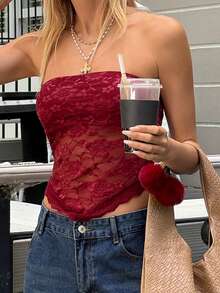 SHEIN EZwear 蕾丝拼布不对称下摆性感无袖露肩短款上衣