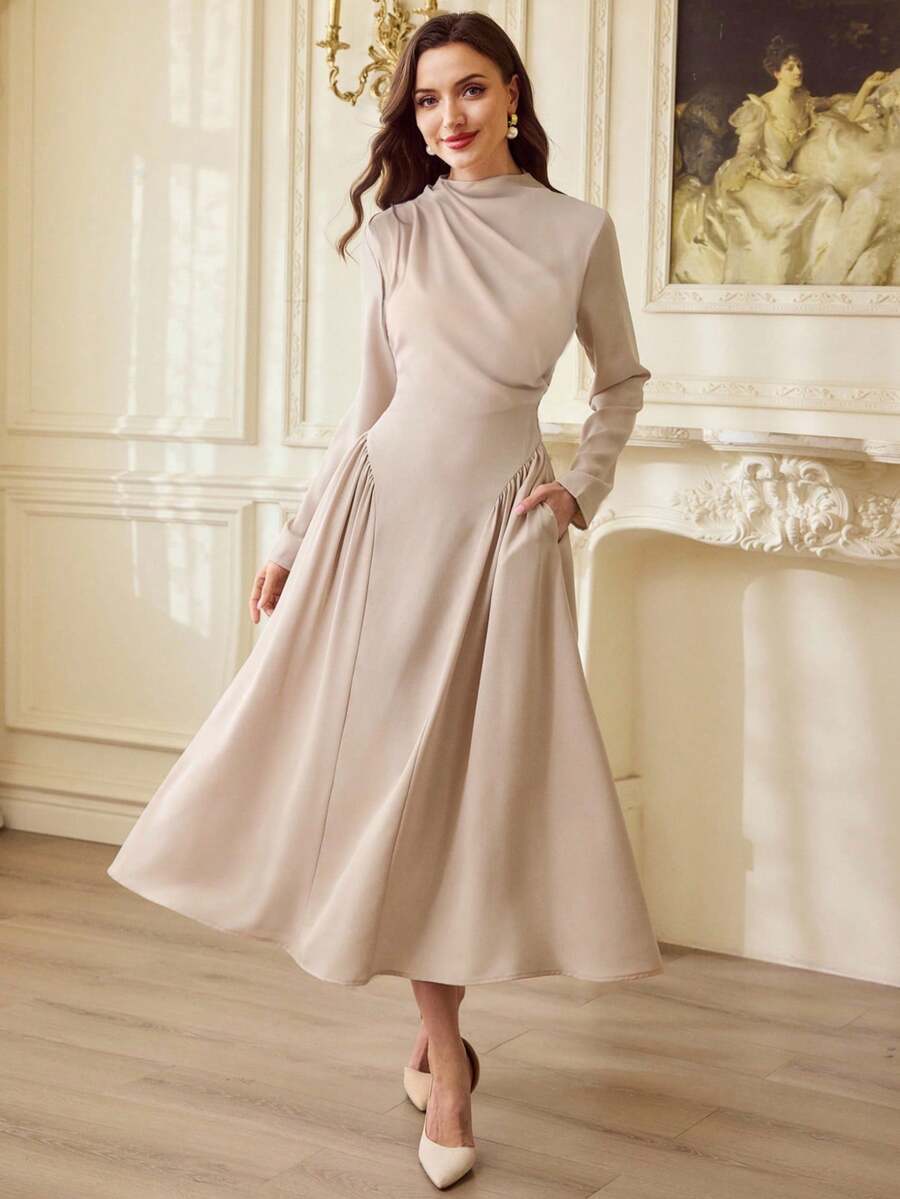 Vintamour Đầm nữ cổ điển thanh lịch có túi, cổ lửng, thích hợp mặc đi làm, đi nghỉ mát hoặc dự tiệc. - Màu be - Xem 1