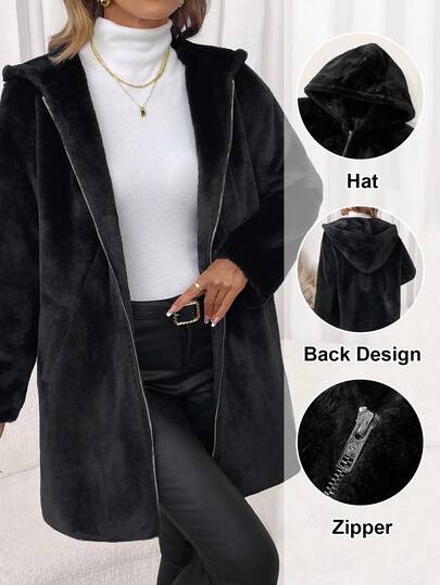 Editum Black Faux Fur Drop Shoulder Women's Jacket, Suitable For Autumn And Winterhalloween Christmas Party Elegant Going Out Saudi National Day Christmas Clothes Autumn Clothes For Women's Winter Jacket,Winter Clothes For Womenwinter Christmas New Year Party Casual Elegant Spring Summer Elegant Black