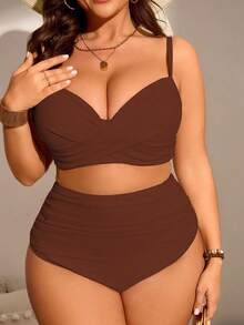 Swim Lushoire One Size Solid Color Ruched Tankini Bikini Set For Summer Beach - Brown - View 6