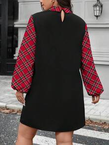 SHEIN LUNE Abito a maniche lunghe da donna taglie forti con colletto, design a blocchi di colore a quadri, nero tinta unita, adatto per autunno/inverno
