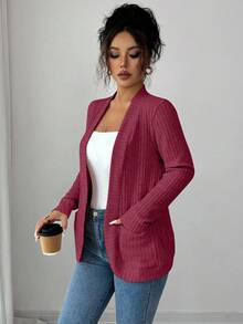 SHEIN PETITE 女款休閒螺紋刷毛開襟側口袋短版輕量外套 紅色開襟外套 女款開襟外套 有口袋休閒開襟外套 紅色長袖開襟外套 - 酒紅色 - 查看 6