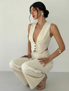 Firerie 2pcs Women Elegant Casual Minimalist Commute Office Daily Vacation V-Neck Sleeveless Blue & White Striped Vest & High Waist Wide Leg Straight Blue & White Striped Pants Set, Hawaii Vacation Outfit - Apricot - View 4