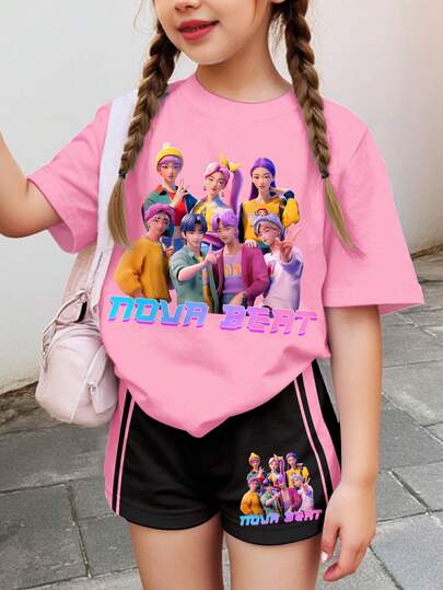 Dopamine Color, K-POP Cartoon Girl Portrait Print, Tween Girls Casual Minimalist Short Sleeve Shorts 2 Pieces Set, Suitable For Summer