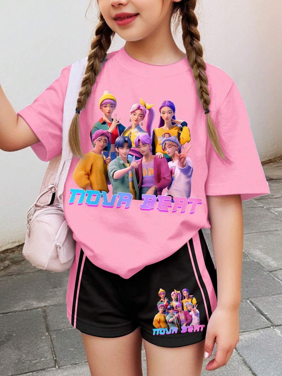 Bộ 2 món quần short tay ngắn tối giản phong cách Dopamine Color dành cho bé gái tuổi teen, in hình hoạt hình cô gái K-POP, thích hợp cho mùa hè. - Nhiều màu - Xem 1