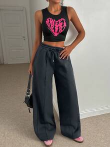 EURMUSE Women Loose Fit Front Stitch Detailed Sweatpant Pant - Dark Grey - View 4