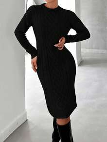 EURMUSE Women's Casual Solid Color Cable Knit Fitted Sweater Dress (Belt Not Included),Petite - Black - View 6