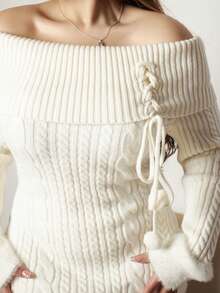 Lupita Cardoza Off Shoulder Fuzzy Ball Pendant Decor Women Himekaji Sweater Party Dress For New Year, Valentine's Day - Beige - View 6