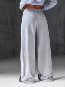 CasuGlow 女式纯色侧条纹阔腿休闲运动裤 - 灰色 - 查看 2