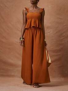 Zivah 2026春夏新款音乐节、复活节、圣帕特里克节、情人节、约会、西部风、游牧风、波西米亚风、通勤风吊带荷叶边露脐上衣搭配松紧腰阔腿裤两件套游艇装女装夏季度假装女式沙滩裤两件套女式游艇休闲装 - 棕色 - 查看 7