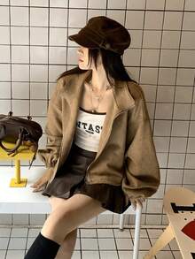 DAZY 女士麂皮绒质感韩版长袖外套 - 卡其色 - 查看 4