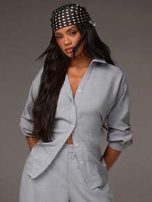 Athîral 女士休闲蓝色衬衫上衣和裤子两件套 - 藍色 - 查看 4