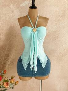 Soleia 女士不对称下摆贝壳装饰吊带背心，适合海滩度假和夏季穿着 - 藍色 - 查看 5