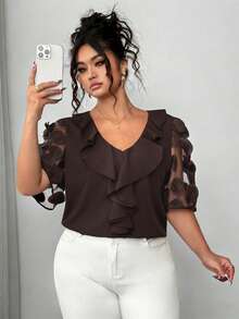Elenzga 大码女式薄纱泡泡袖纯色V领荷叶边下摆上衣，夏季 - 咖啡棕 - 查看 3