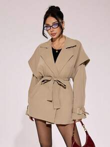 SHEIN PETITE Utumn And Summer And Summer Women's Commuter Fashion Trench Coat, Spring And Summer Women's Trench Coat, Khaki Women's Trench Coat, Women's Spring Clothing,And Spring And Autumn Essentials, Trench Coat Casual Wear - Khaki - View 4