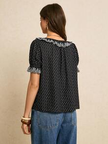 Poéselle 女士休闲衬衫，荷叶边下摆，泡泡袖 - 黑與白 - 查看 4