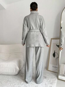 EURMUSE Turtleneck Split Hem Belted Sweater & Knit Pants - Grey - View 2