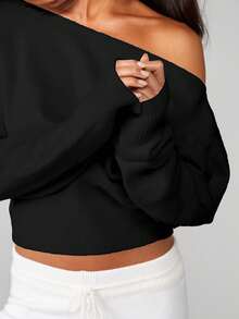 MISSGUIDED Off Shoulder Knit Sweater With Ribbed Hem And Cuffs Long Sleeve Pullover Crop Top For Fall Winter - Black - View 4