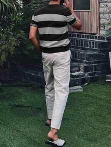 Manfinity Homme 男士撞色条纹圆领短袖针织衫 男士夏季服装 男士度假服装 黑白服装 男士度假两件套 男士休闲两件套 条纹 - 灰色 - 查看 2