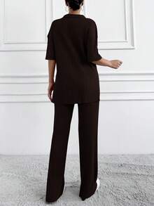 EURMUSE Cotton Two Pieces Set Polo Neck Top And Pant Set Rib Knit Fabric - Chocolate Brown - View 2