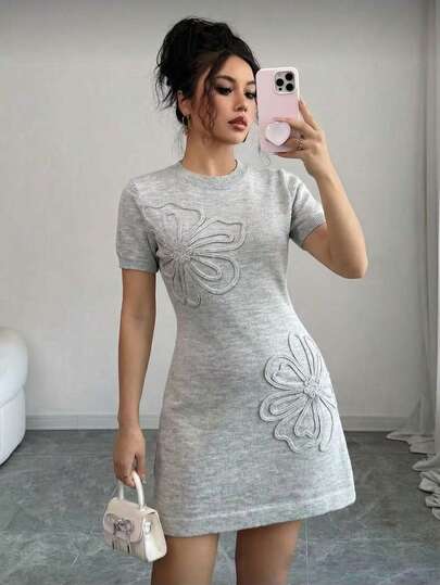 Selianne 女士优雅通勤3D花卉装饰短袖针织连衣裙