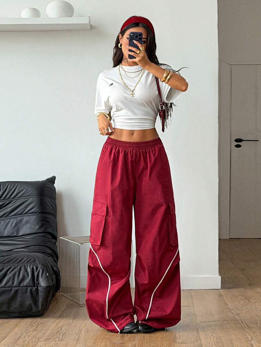 Coolane Women's Summer Streetwear Sport Basic Flap Pocket Side Drawstring Waist Parachute Grey Cargo Red Pants - Burgundy - View 1