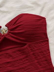 Soleia 女士度假风海星纹理镂空抹胸露脐上衣，性感适合派对、约会、下午茶、海滩等夏季穿着，黑色无肩带可爱抹胸上衣 - 酒紅色 - 查看 3