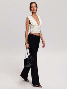 SHEIN BAE Débardeur sexy à col V profond plissé de couleur unie avec cordon de serrage, mode femme - Beige - Voir 6