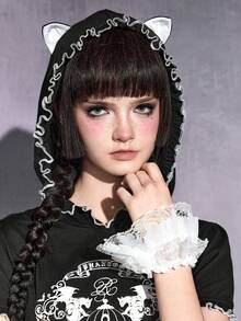 ROMWE Goth 深色藤蔓、猫、蝙蝠翅膀、鸟笼女孩剪影连帽衫，带猫耳朵紧身T恤 - 黑色 - 查看 6