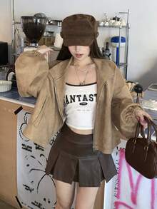 DAZY 女士麂皮绒质感韩版长袖外套 - 卡其色 - 查看 6