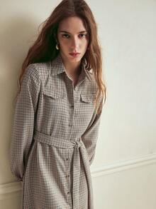 EMERY ROSE 时尚法式复古格子宽松衬衫领腰带配饰长袖女式秋冬长裙 - 棕色 - 查看 4